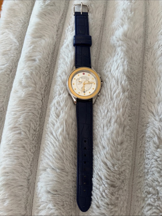Michele Accessories - Michele Navy Strap Cape Watch with Gold-Tone Bezel and White Dial